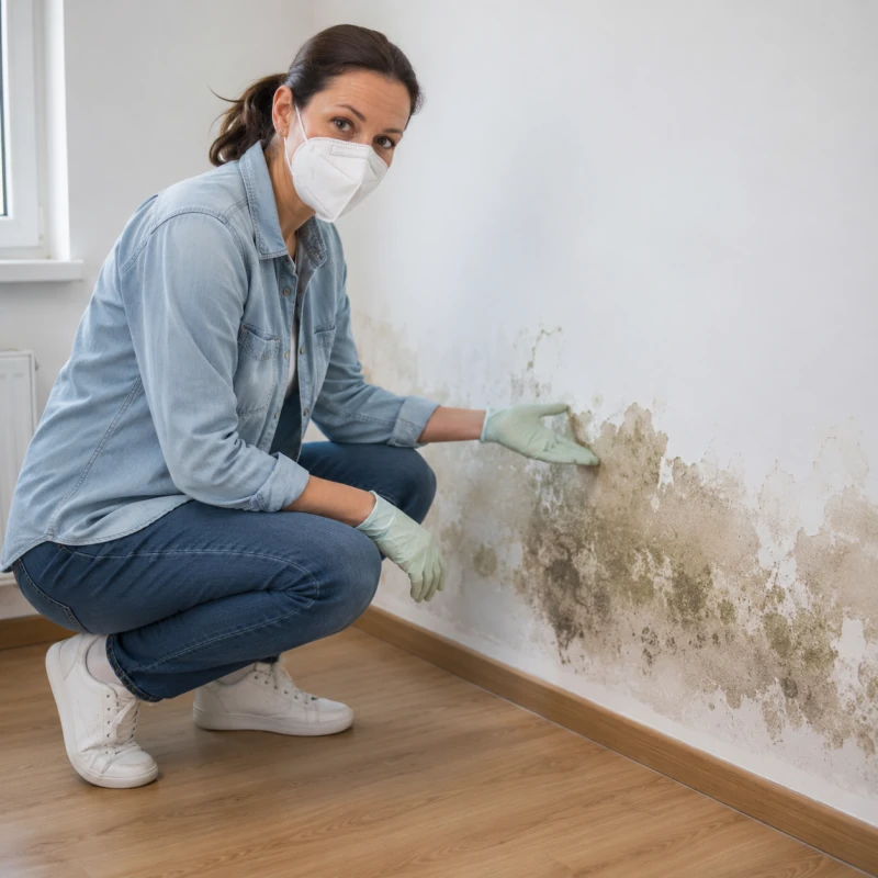 Mulher junto a uma parede com manchas de humidade e revestimento deteriorado